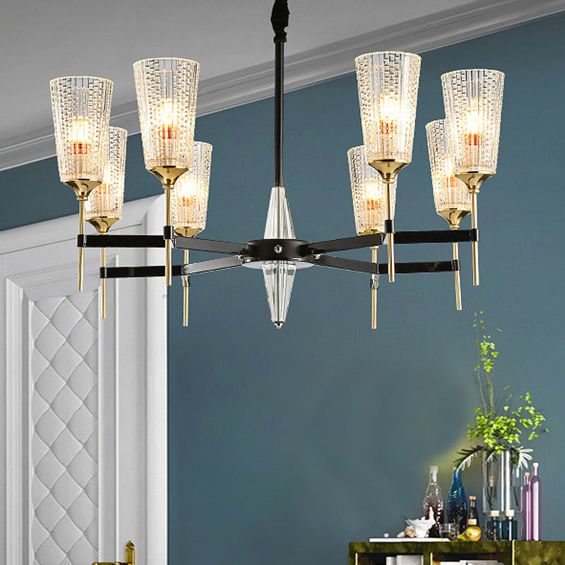 Clear 6/8 Lights Pendant Chandelier Traditional Textured Glass Cone Hanging Light for Living Room 8 Clear Clearhalo 'Ceiling Lights' 'Chandeliers' 'Glass shade' 'Glass' Lighting' 246992
