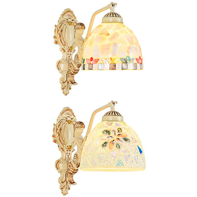 Shell Dome Wall Mount Light with Flower/Square Pattern 1 Light Tiffany Mosaic Wall Lighting in Beige for Bedroom Clearhalo 'Industrial' 'Middle century wall lights' 'Tiffany wall lights' 'Tiffany' 'Wall Lamps & Sconces' 'Wall Lights' Lighting' 24701