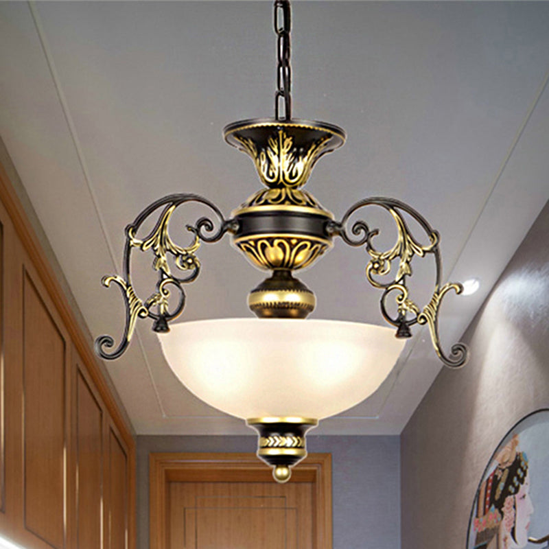 3 Bulbs Bowl Chandelier Light Traditional White/Black Frosted Glass Hanging Ceiling Fixture for Corridor Clearhalo 'Ceiling Lights' 'Chandeliers' Lighting' options 247038