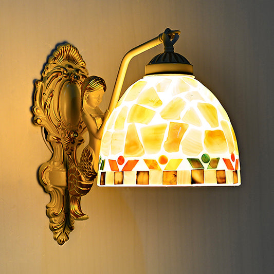 Shell Dome Wall Mount Light with Flower/Square Pattern 1 Light Tiffany Mosaic Wall Lighting in Beige for Bedroom Clearhalo 'Industrial' 'Middle century wall lights' 'Tiffany wall lights' 'Tiffany' 'Wall Lamps & Sconces' 'Wall Lights' Lighting' 24703