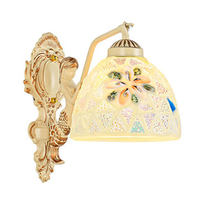 Shell Dome Wall Mount Light with Flower/Square Pattern 1 Light Tiffany Mosaic Wall Lighting in Beige for Bedroom Beige Flower Clearhalo 'Industrial' 'Middle century wall lights' 'Tiffany wall lights' 'Tiffany' 'Wall Lamps & Sconces' 'Wall Lights' Lighting' 24704