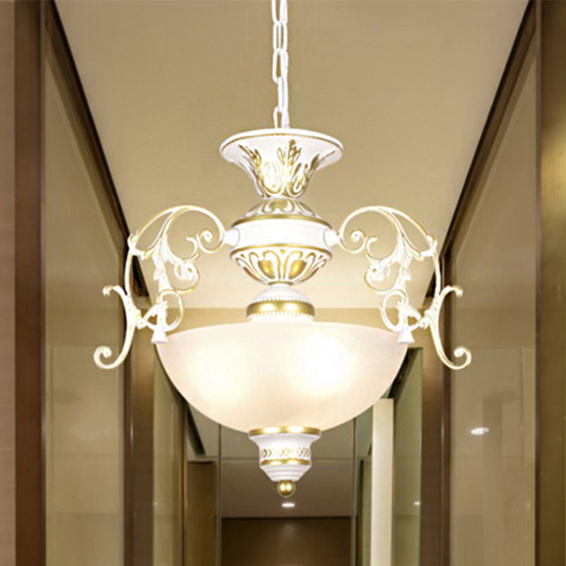 3 Bulbs Bowl Chandelier Light Traditional White/Black Frosted Glass Hanging Ceiling Fixture for Corridor Clearhalo 'Ceiling Lights' 'Chandeliers' Lighting' options 247040