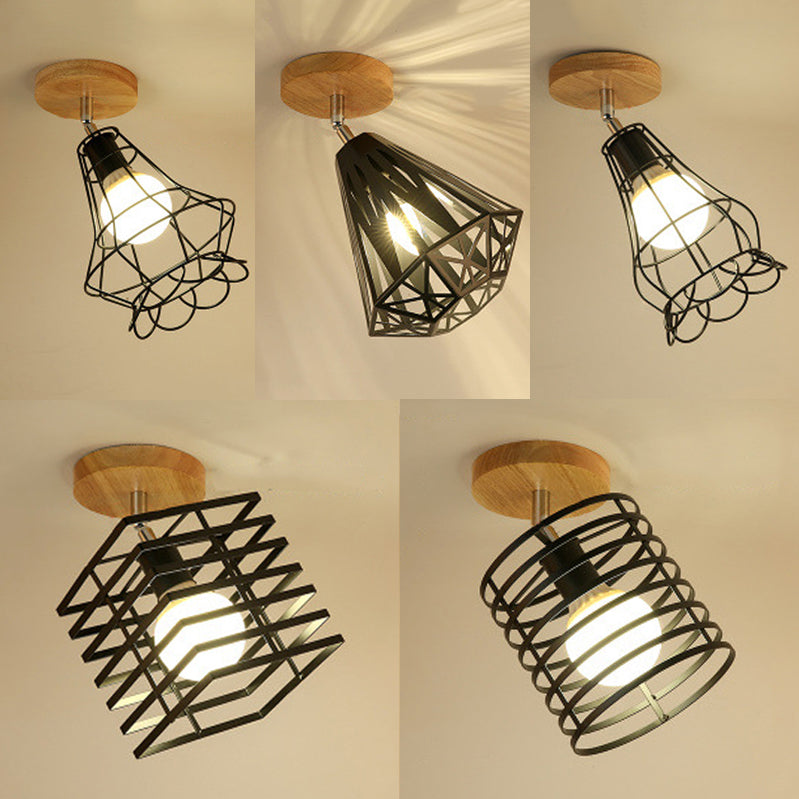 Black 1 Bulb Ceiling Light Fixture Vintage Industrial Metallic Cylinder/Square Cage Semi Flush Light for Bedroom Clearhalo 'Ceiling Lights' 'Close To Ceiling Lights' 'Close to ceiling' 'Semi-flushmount' Lighting' 24706