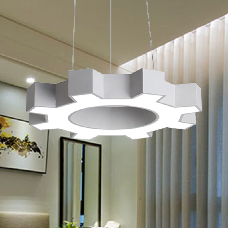 23.5"/31.5" Wide Gear Shape Pendant Lamp Contemporary Metal Led White/Black Hanging Ceiling Light for Gym in White/Warm Light Clearhalo 'Ceiling Lights' 'Modern Pendants' 'Modern' 'Pendant Lights' 'Pendants' Lighting' 247063