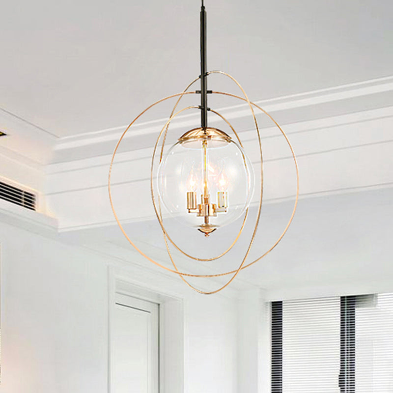 Globe Clear Glass Chandelier Lighting Traditional 3 Light Dining Room Pendant Lighting in White with Ring Design White Clearhalo 'Ceiling Lights' 'Chandeliers' 'Glass shade' 'Glass' Lighting' 247065