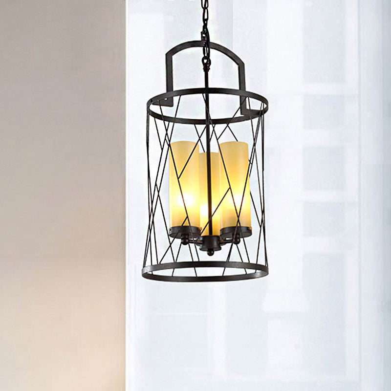 3 Light Pendant Light Traditional Cylinder Beige Glass Hanging Chandelier in Black Black Clearhalo 'Ceiling Lights' 'Chandeliers' Lighting' options 247069_fed9da20-568d-4add-8513-680bee040efb