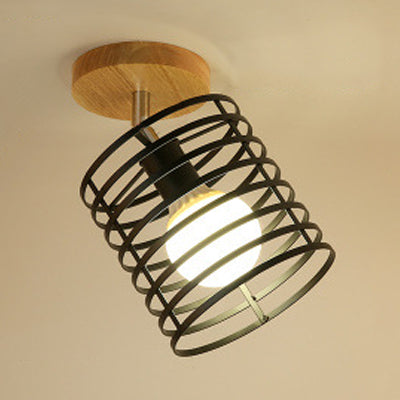 Black 1 Bulb Ceiling Light Fixture Vintage Industrial Metallic Cylinder/Square Cage Semi Flush Light for Bedroom Black Cylinder Clearhalo 'Ceiling Lights' 'Close To Ceiling Lights' 'Close to ceiling' 'Semi-flushmount' Lighting' 24707
