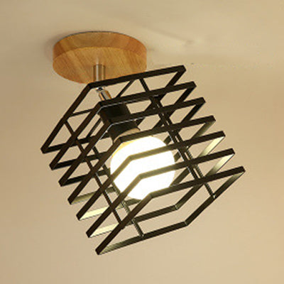 Black 1 Bulb Ceiling Light Fixture Vintage Industrial Metallic Cylinder/Square Cage Semi Flush Light for Bedroom Black Square Clearhalo 'Ceiling Lights' 'Close To Ceiling Lights' 'Close to ceiling' 'Semi-flushmount' Lighting' 24710