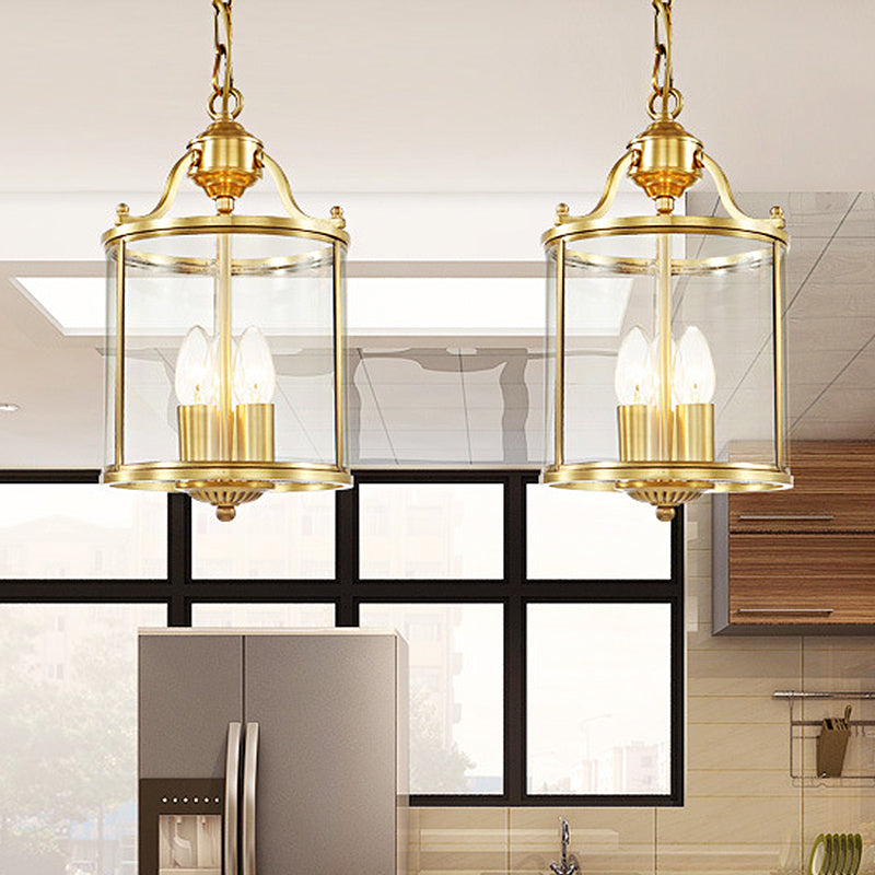 Cylinder Chandelier Lighting Minimalist Clear Glass Brass 3 Bulbs Hanging Ceiling Light, 8"/12" Wide Clearhalo 'Ceiling Lights' 'Chandeliers' 'Glass shade' 'Glass' Lighting' 247141