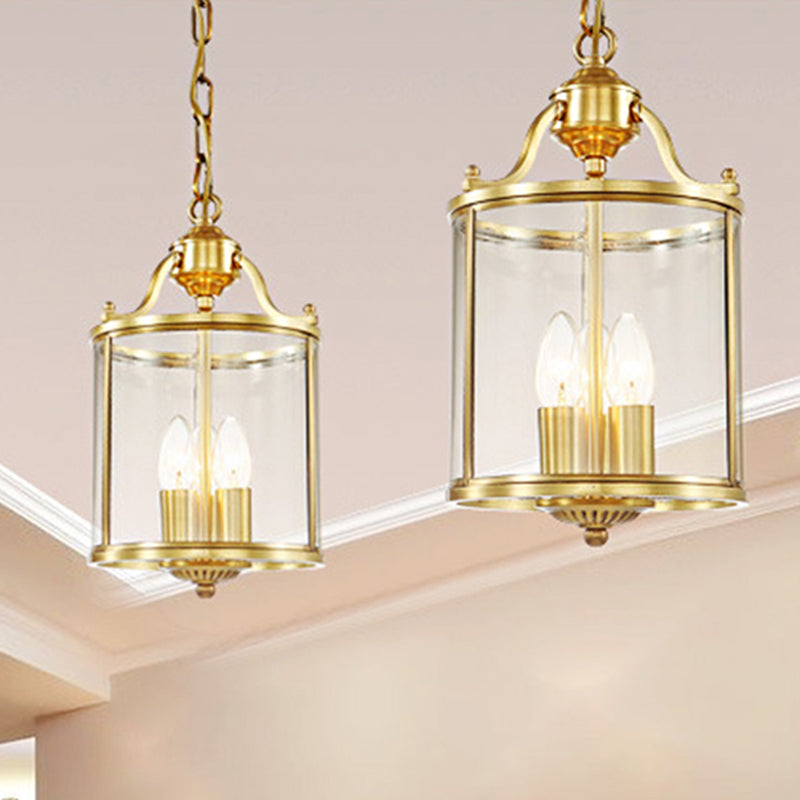 Cylinder Chandelier Lighting Minimalist Clear Glass Brass 3 Bulbs Hanging Ceiling Light, 8"/12" Wide Clearhalo 'Ceiling Lights' 'Chandeliers' 'Glass shade' 'Glass' Lighting' 247142