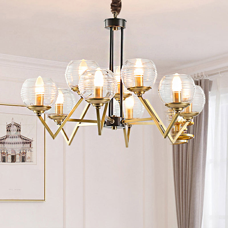Gold 9/12 Lights Pendant Chandelier Traditional Clear Ribbed Glass Globe Hanging Light for Living Room Clearhalo 'Ceiling Lights' 'Chandeliers' Lighting' options 247181