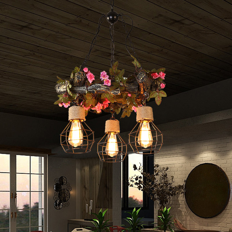 Industrial Bulb Ceiling Chandelier 3 Bulbs Metal LED Hanging Light Fixture in Red/Pink/Green with Flower/Plant/Maple Leaf Pink Clearhalo 'Ceiling Lights' 'Chandeliers' 'Industrial Chandeliers' 'Industrial' 'Middle Century Chandeliers' 'Tiffany' Lighting' 2471989