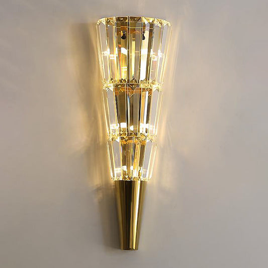 Layered Wall Mount Lighting Vintage Style Clear Crystal 6/8 Lights Golden Wall Sconce for Living Room, 21"/27.5" Height Gold 21" Clearhalo 'Modern wall lights' 'Modern' 'Wall Lamps & Sconces' 'Wall Lights' Lighting' 2471994