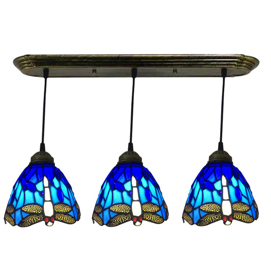 Cut Glass Drop Lamp Dome 3 Bulbs Mediterranean Pendant Lighting Fixture with Dragonfly Pattern Bronze Blue Clearhalo 'Art Deco Pendants' 'Cast Iron' 'Ceiling Lights' 'Ceramic' 'Crystal' 'Industrial' 'Metal' 'Middle Century Pendants' 'Pendant Lights' 'Pendants' 'Tiffany close to ceiling' 'Tiffany Pendants' 'Tiffany' Lighting' 2472008
