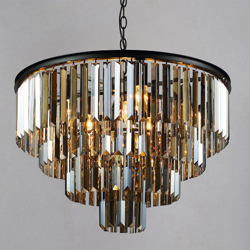 Tiered Amber/Smoke Gray Crystal Hanging Chandelier Modern LED Drop Light for Bedroom, 19.5"/23.5" Wide Smoke Gray 23.5" Clearhalo 'Ceiling Lights' 'Chandeliers' 'Clear' 'Industrial' 'Modern Chandeliers' 'Modern' 'Tiffany' 'Traditional Chandeliers' Lighting' 2472166