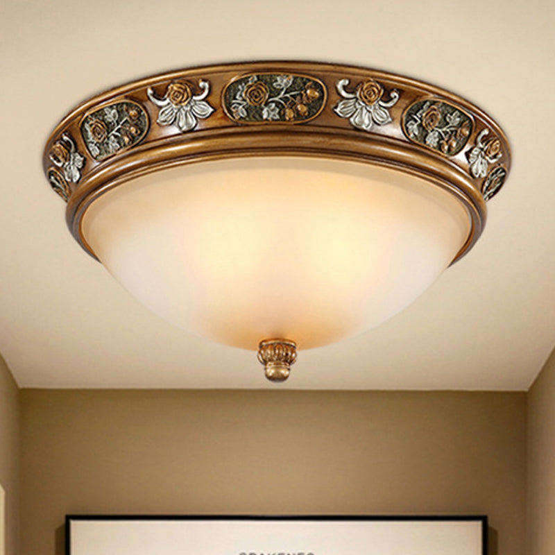 Brown 3 Lights Ceiling Mount Traditional Frosted Glass Bowl Shaped Flush Light Fixture for Bedroom, 15"/19" Wide Brown 19" Clearhalo 'Ceiling Lights' 'Close To Ceiling Lights' 'Close to ceiling' 'Flush mount' Lighting' 247258