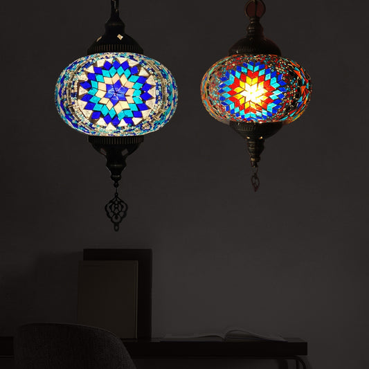 Global Hanging Lamp Traditional 1/2 Heads Red/Blue/Red-Blue Glass Ceiling Pendant Light for Living Room Red-Blue 2 Clearhalo 'Ceiling Lights' 'Glass shade' 'Glass' 'Pendant Lights' 'Pendants' Lighting' 247281
