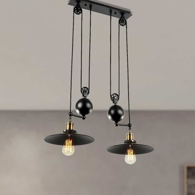 Flared Shade Metal Pendant Lighting Industrial 2 Lights Warehouse Ceiling Light Fixture with Pulley in Black Clearhalo 'Art Deco Pendants' 'Black' 'Cast Iron' 'Ceiling Lights' 'Ceramic' 'Crystal' 'Industrial Pendants' 'Industrial' 'Metal' 'Middle Century Pendants' 'Pendant Lights' 'Pendants' 'Rustic Pendants' 'Tiffany' Lighting' 247293