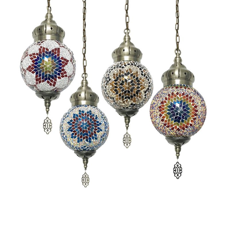 1/4 Bulbs Sphere Ceiling Light Tradition Red/Blue/Gold Glass Suspended Lighting Fixture for Restaurant Clearhalo 'Ceiling Lights' 'Glass shade' 'Glass' 'Pendant Lights' 'Pendants' Lighting' 247295