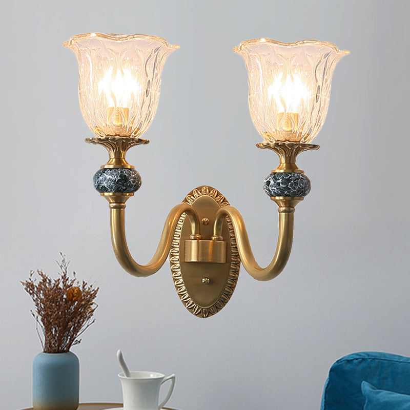 Floral Bedroom Sconce Light Fixture Antique Clear Glass 1/2 Lights Gold Wall Lamp with Arched Arm Clearhalo 'Wall Lamps & Sconces' 'Wall Lights' Lighting' 247309