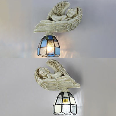Resin Angel Wall Sconce Light with Stained Glass Dome Shade 1 Light Loft Wall Lamp in White/Blue Clearhalo 'Industrial' 'Middle century wall lights' 'Tiffany wall lights' 'Tiffany' 'Wall Lamps & Sconces' 'Wall Lights' Lighting' 24733