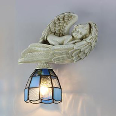 Resin Angel Wall Sconce Light with Stained Glass Dome Shade 1 Light Loft Wall Lamp in White/Blue Blue Clearhalo 'Industrial' 'Middle century wall lights' 'Tiffany wall lights' 'Tiffany' 'Wall Lamps & Sconces' 'Wall Lights' Lighting' 24734