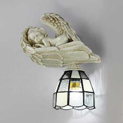 Resin Angel Wall Sconce Light with Stained Glass Dome Shade 1 Light Loft Wall Lamp in White/Blue White Clearhalo 'Industrial' 'Middle century wall lights' 'Tiffany wall lights' 'Tiffany' 'Wall Lamps & Sconces' 'Wall Lights' Lighting' 24735