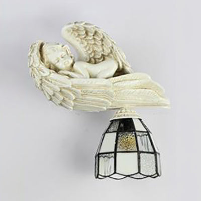 Resin Angel Wall Sconce Light with Stained Glass Dome Shade 1 Light Loft Wall Lamp in White/Blue Clearhalo 'Industrial' 'Middle century wall lights' 'Tiffany wall lights' 'Tiffany' 'Wall Lamps & Sconces' 'Wall Lights' Lighting' 24736