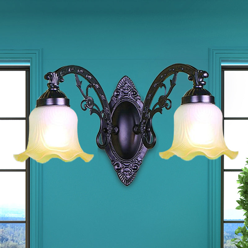 Floral Bedroom Wall Lighting Retro Frosted Glass 1/2 Lights Black Wall Sconce Light with Metal Curvy Arm 2.0 Black Clearhalo 'Wall Lamps & Sconces' 'Wall Lights' Lighting' 247374