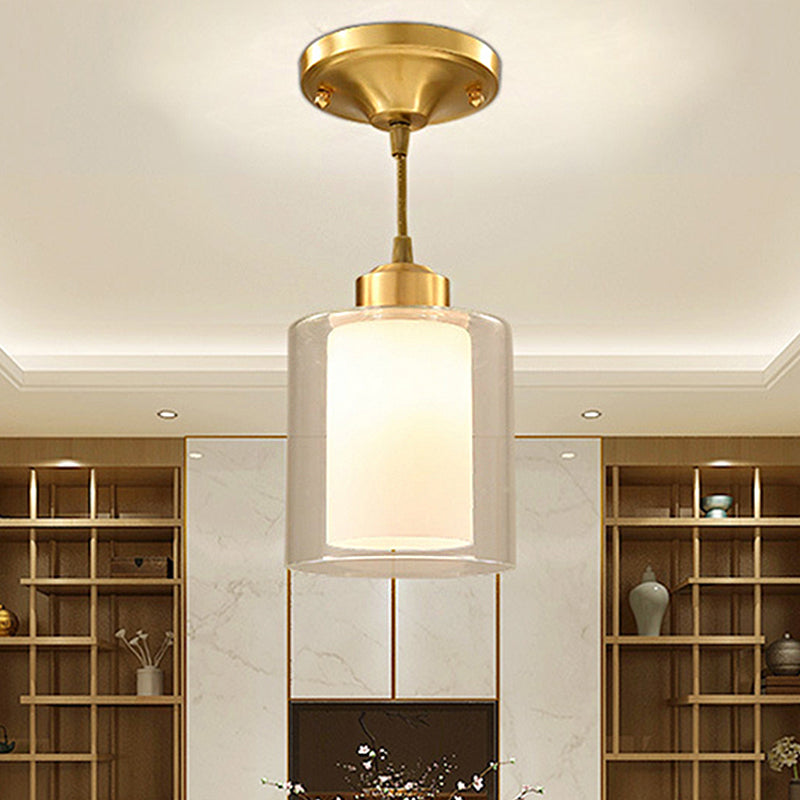 Brass 1 Light Pendant Lighting Classic Double-Layers Glass Cylinder Hanging Lamp for Dining Room Brass Clearhalo 'Ceiling Lights' 'Glass shade' 'Glass' 'Pendant Lights' 'Pendants' Lighting' 247378