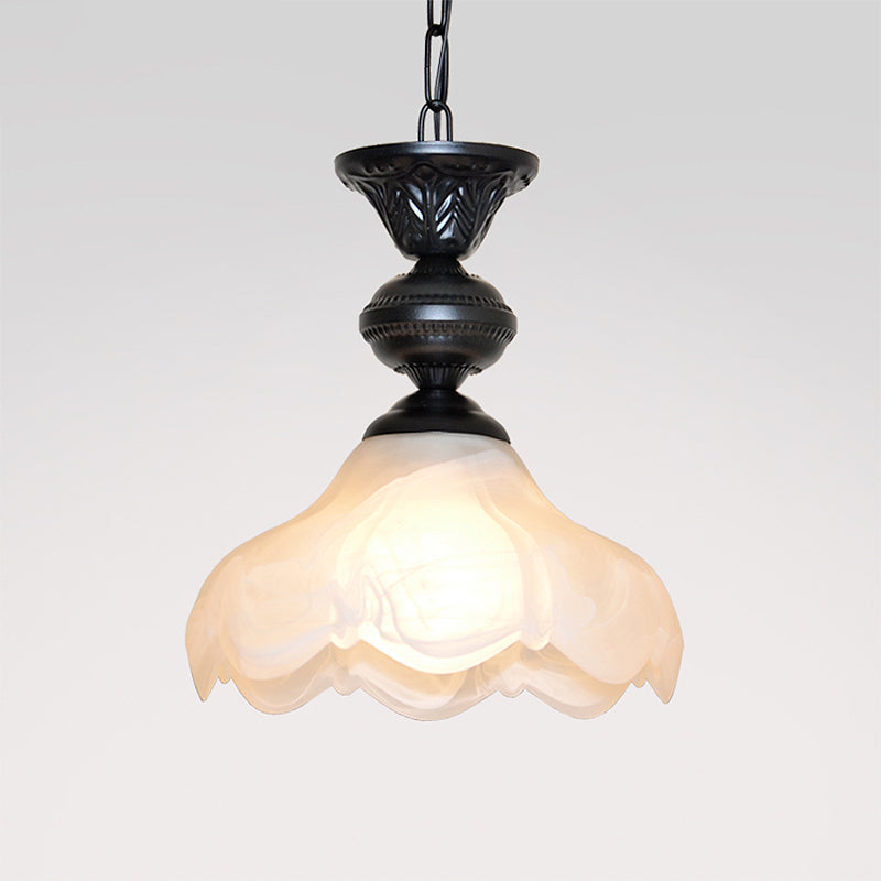 Traditional Scalloped Hanging Ceiling Light 1 Light Frosted Glass Pendant Lighting in Black/White for Corridor Black Clearhalo 'Ceiling Lights' 'Glass shade' 'Glass' 'Pendant Lights' 'Pendants' Lighting' 247413