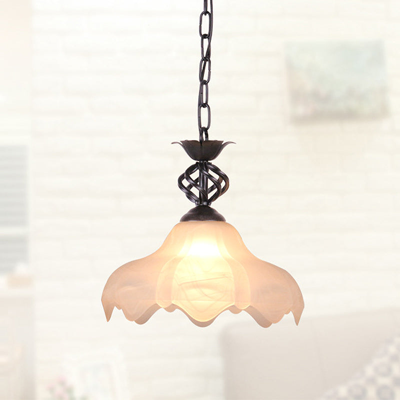 Traditional Scalloped Hanging Ceiling Light 1 Light Frosted Glass Pendant Lighting in Black/White for Corridor Clearhalo 'Ceiling Lights' 'Glass shade' 'Glass' 'Pendant Lights' 'Pendants' Lighting' 247414