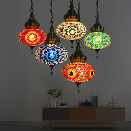 Spherical Ceiling Lamp Vintage White/Red/Blue Glass 1/5 Bulbs Pendant Light Fixture for Coffee House Multi-Color Clearhalo 'Ceiling Lights' 'Glass shade' 'Glass' 'Pendant Lights' 'Pendants' Lighting' 247420