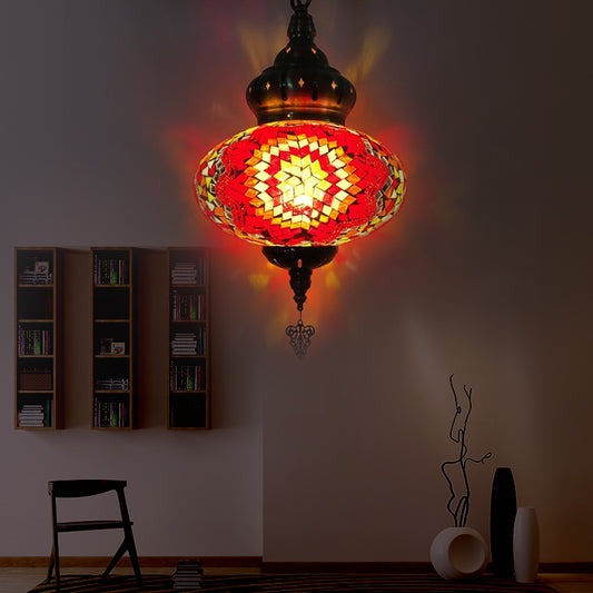 Vintage Lantern Suspension Pendant Red/Blue/Rose Red Glass 1/3 Heads Hanging Light Fixture with Carved Metal Drop Red 1 Clearhalo 'Ceiling Lights' 'Glass shade' 'Glass' 'Pendant Lights' 'Pendants' Lighting' 247492