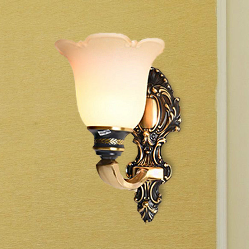 Floral Bedroom Wall Sconce Light Traditional White Glass 1/2-Light Brass Wall Lamp with Metal Curvy Arm 1.0 Brass Clearhalo 'Wall Lamps & Sconces' 'Wall Lights' Lighting' 247520