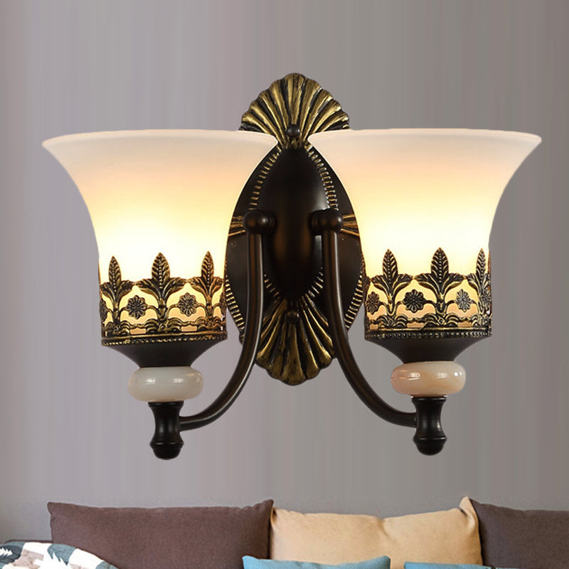 Black Bell Wall Mounted Light Traditional White Glass Shade 1/2-Light Bedroom Wall Sconce with Metal Curvy Arm 2.0 Black Clearhalo 'Wall Lamps & Sconces' 'Wall Lights' Lighting' 247556