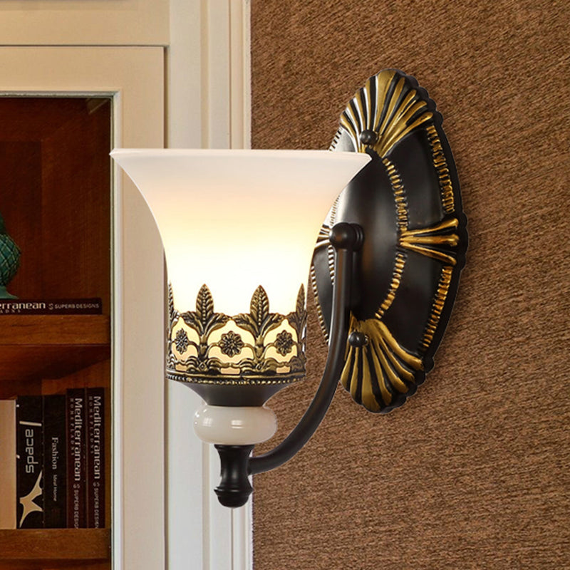Black Bell Wall Mounted Light Traditional White Glass Shade 1/2-Light Bedroom Wall Sconce with Metal Curvy Arm 1.0 Black Clearhalo 'Wall Lamps & Sconces' 'Wall Lights' Lighting' 247558