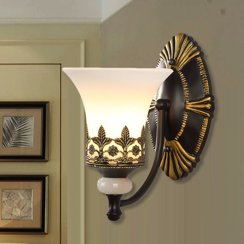 Black Bell Wall Mounted Light Traditional White Glass Shade 1/2-Light Bedroom Wall Sconce with Metal Curvy Arm Clearhalo 'Wall Lamps & Sconces' 'Wall Lights' Lighting' 247559