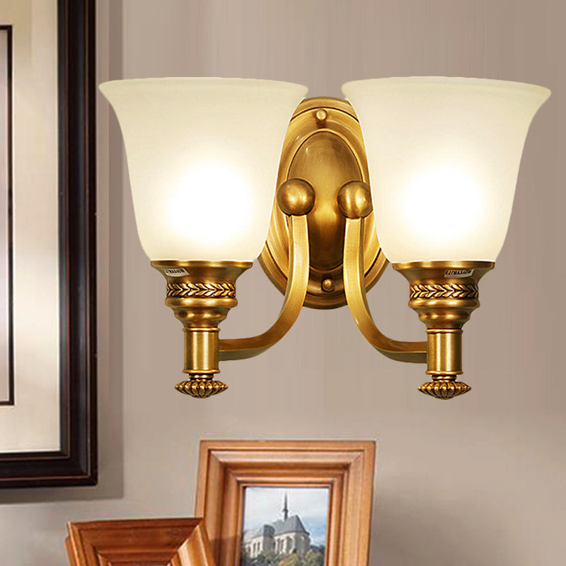Brass Bell Wall Mounted Light Traditional White Glass Shade 1/2-Light Bedroom Wall Sconce with Metal Curvy Arm Clearhalo 'Wall Lamps & Sconces' 'Wall Lights' Lighting' 247585