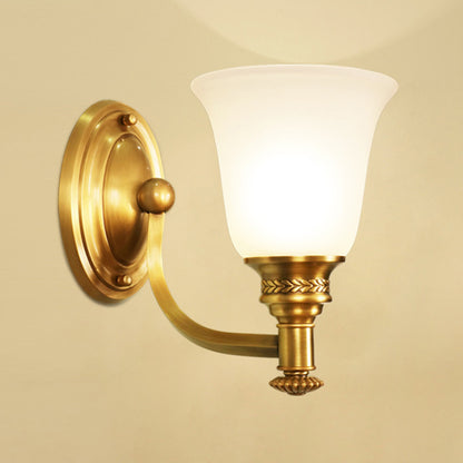 Brass Bell Wall Mounted Light Traditional White Glass Shade 1/2-Light Bedroom Wall Sconce with Metal Curvy Arm 1.0 Brass Clearhalo 'Wall Lamps & Sconces' 'Wall Lights' Lighting' 247586