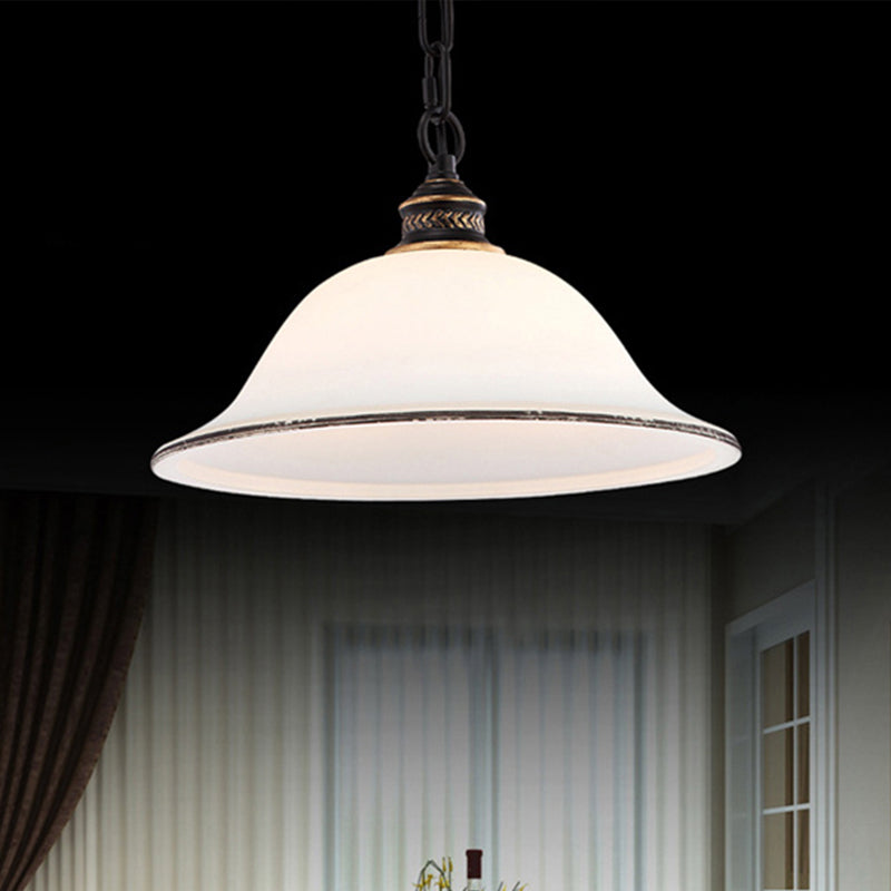 Classic Flared Pendant Lighting 1 Light White Glass Hanging Light Fixture in Black for Dining Room White Clearhalo 'Ceiling Lights' 'Glass shade' 'Glass' 'Pendant Lights' 'Pendants' Lighting' 247603
