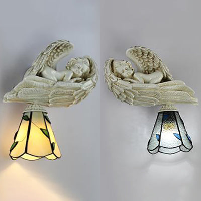 Leaf Wall Lighting with Resin Sleeping Angel Country Style Stained Glass 1 Head Wall Sconce Light in Clear/Beige Clearhalo 'Industrial' 'Middle century wall lights' 'Tiffany wall lights' 'Tiffany' 'Wall Lamps & Sconces' 'Wall Lights' Lighting' 24761