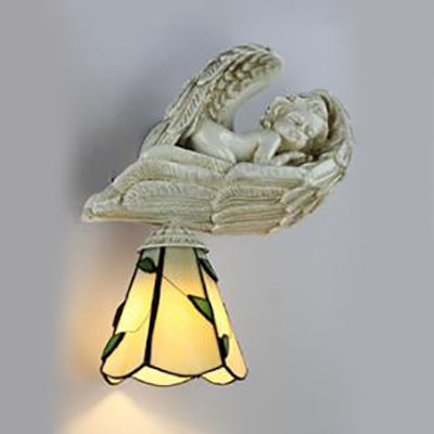 Leaf Wall Lighting with Resin Sleeping Angel Country Style Stained Glass 1 Head Wall Sconce Light in Clear/Beige Beige Clearhalo 'Industrial' 'Middle century wall lights' 'Tiffany wall lights' 'Tiffany' 'Wall Lamps & Sconces' 'Wall Lights' Lighting' 24762