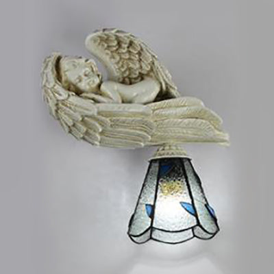 Leaf Wall Lighting with Resin Sleeping Angel Country Style Stained Glass 1 Head Wall Sconce Light in Clear/Beige Clear Clearhalo 'Industrial' 'Middle century wall lights' 'Tiffany wall lights' 'Tiffany' 'Wall Lamps & Sconces' 'Wall Lights' Lighting' 24763