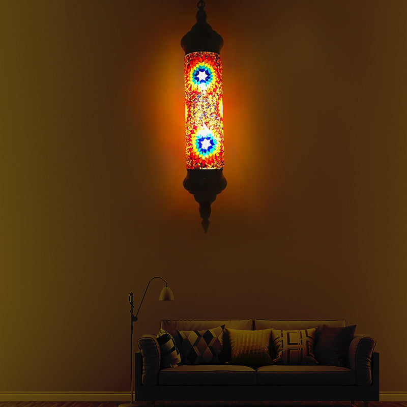 Vintage Cylinder Hanging Light Red/Orange/Blue Glass 1/3 Heads Suspension Light for Restaurant Clearhalo 'Ceiling Lights' 'Glass shade' 'Glass' 'Pendant Lights' 'Pendants' Lighting' 247646