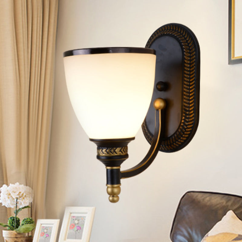 Metal Dome Wall Light Sconce Vintage Style 1/2-Head Living Room Wall Lamp with White Glass in Black Clearhalo 'Wall Lamps & Sconces' 'Wall Lights' Lighting' 247658