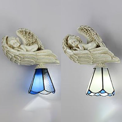 Country Loft Angel Sconce Light with Conical Shade 1 Light Resin Bedroom Wall Lighting in White/Blue Clearhalo 'Industrial' 'Middle century wall lights' 'Tiffany wall lights' 'Tiffany' 'Wall Lamps & Sconces' 'Wall Lights' Lighting' 24766