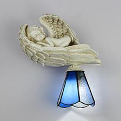 Country Loft Angel Sconce Light with Conical Shade 1 Light Resin Bedroom Wall Lighting in White/Blue Blue Clearhalo 'Industrial' 'Middle century wall lights' 'Tiffany wall lights' 'Tiffany' 'Wall Lamps & Sconces' 'Wall Lights' Lighting' 24767