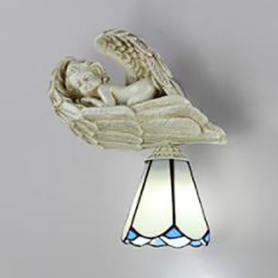 Country Loft Angel Sconce Light with Conical Shade 1 Light Resin Bedroom Wall Lighting in White/Blue White Clearhalo 'Industrial' 'Middle century wall lights' 'Tiffany wall lights' 'Tiffany' 'Wall Lamps & Sconces' 'Wall Lights' Lighting' 24768