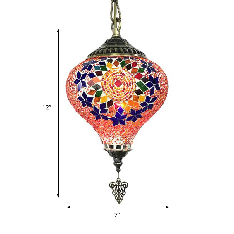 1/6 Bulbs Coffee House Suspension Pendant Tradition Bronze Hanging Light Kit with Droplet Colorful Glass Shade Clearhalo 'Ceiling Lights' 'Glass shade' 'Glass' 'Pendant Lights' 'Pendants' Lighting' 247698